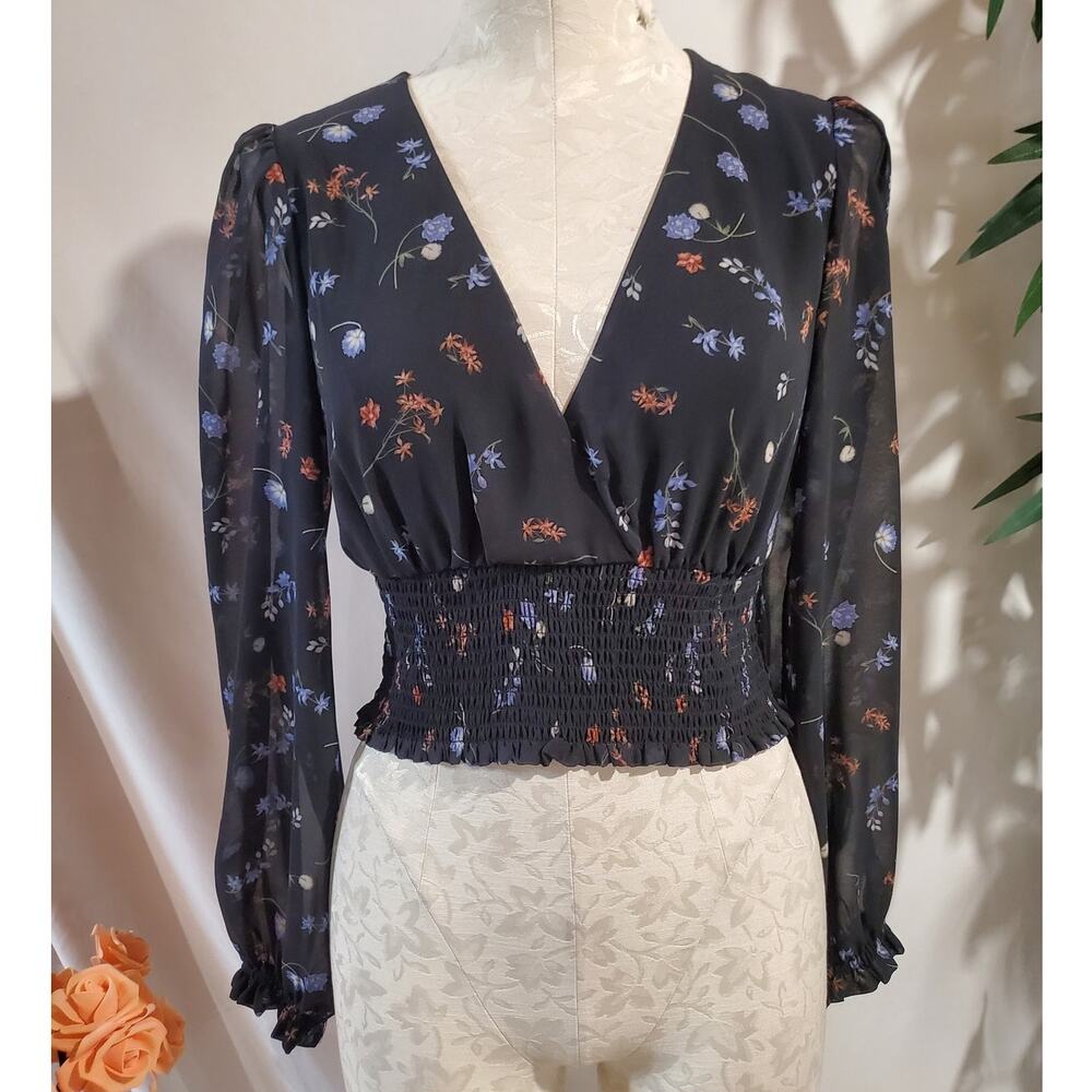 Aritzia Wilfred Floral Sheer Chiffon Cropped Smocked Blouse Size S Fairy Cottage
